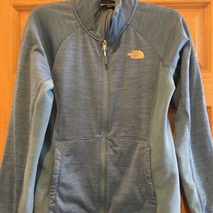 North face zip up light blue and orange jacket